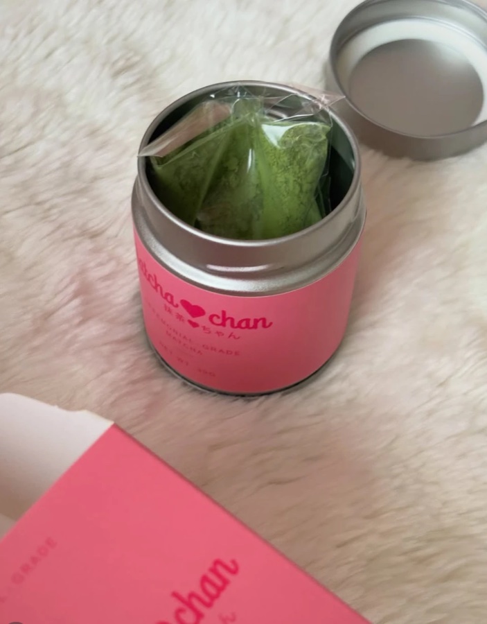 Open Matcha-chan tin showing the matcha pouch inside