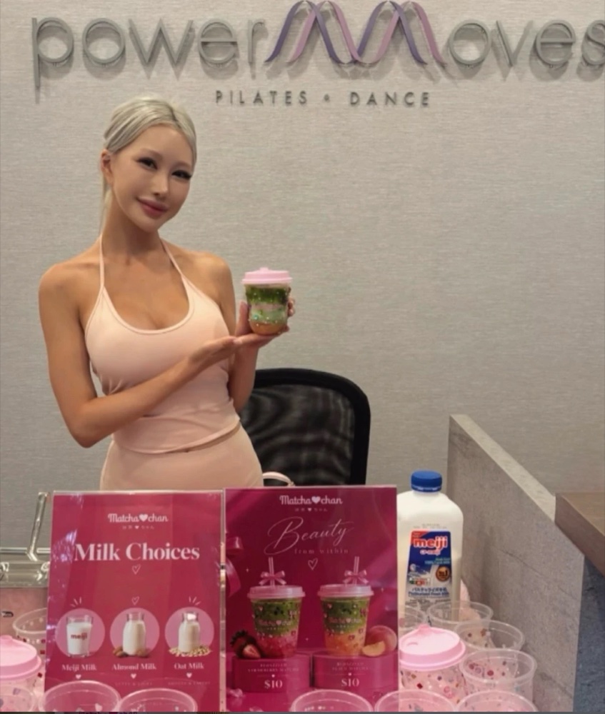Matcha-chan pop-up stand at a pilates studio with milk choices menu