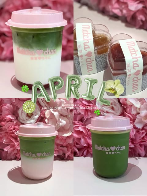 Matcha-chan drinks with pink lids