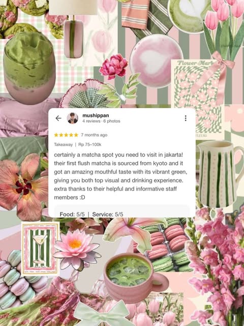 Collage of pink and green matcha moments with a five-star Google review