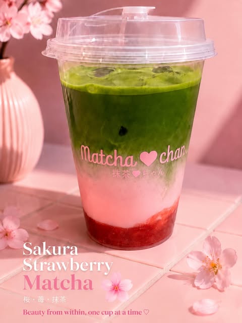 Sakura Strawberry Matcha layered with strawberry, milk and matcha