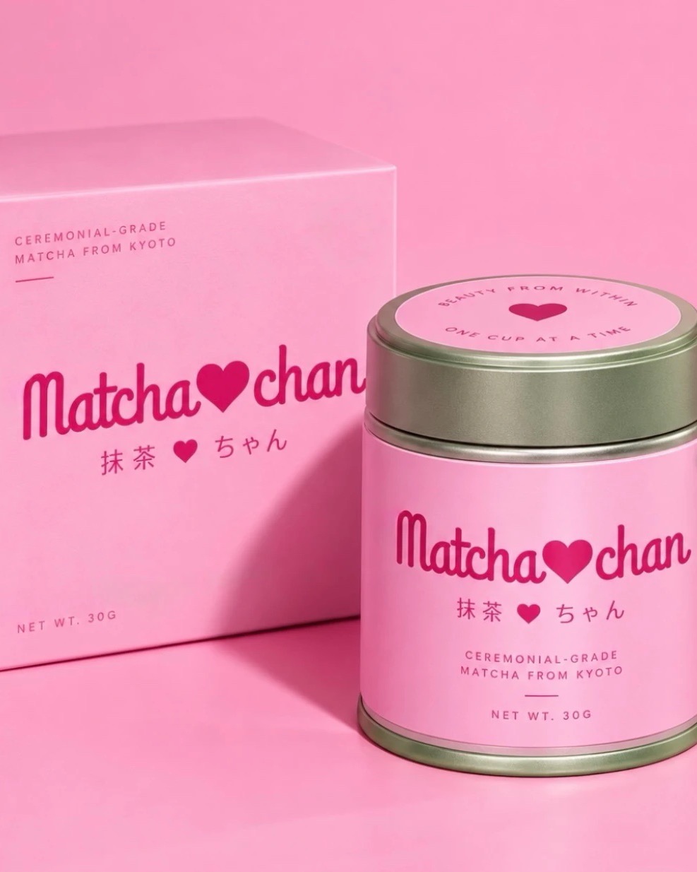 Matcha-chan ceremonial matcha tin and pink gift box